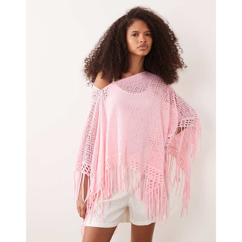 Kiwi & Co fine knit fringe hem poncho top in pink 115149380