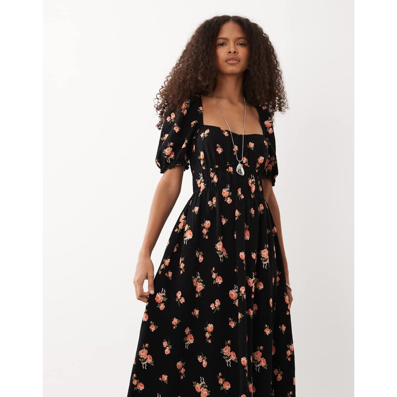 Miss Selfridge seersucker puff sleeve milkmaid maxi dress in