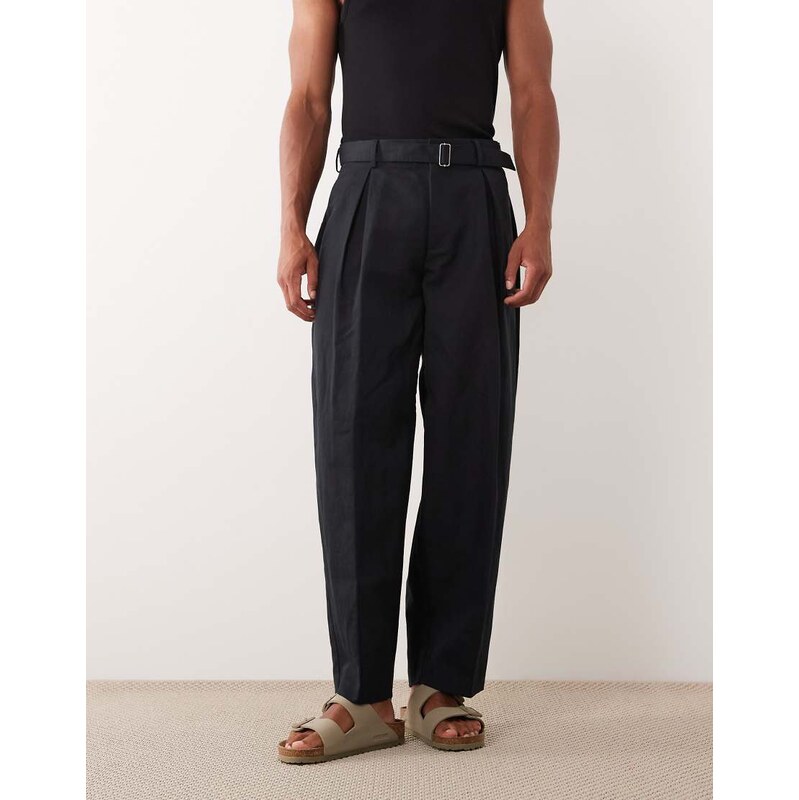 ASOS DESIGN linen rich smart belted wide barrel leg trousers in