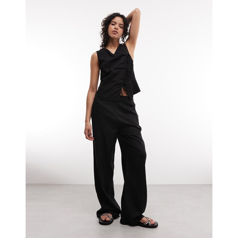 ASOS DESIGN linen wide leg trouser co-ord in black-White