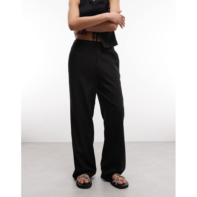 ASOS DESIGN linen wide leg trouser co-ord in black-White