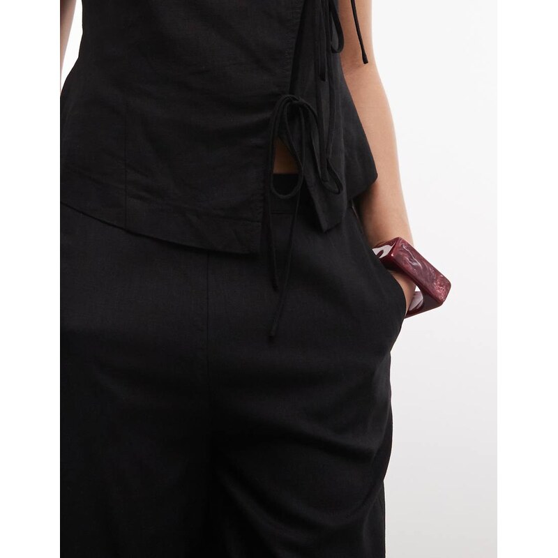 ASOS DESIGN linen wide leg trouser co-ord in black-White