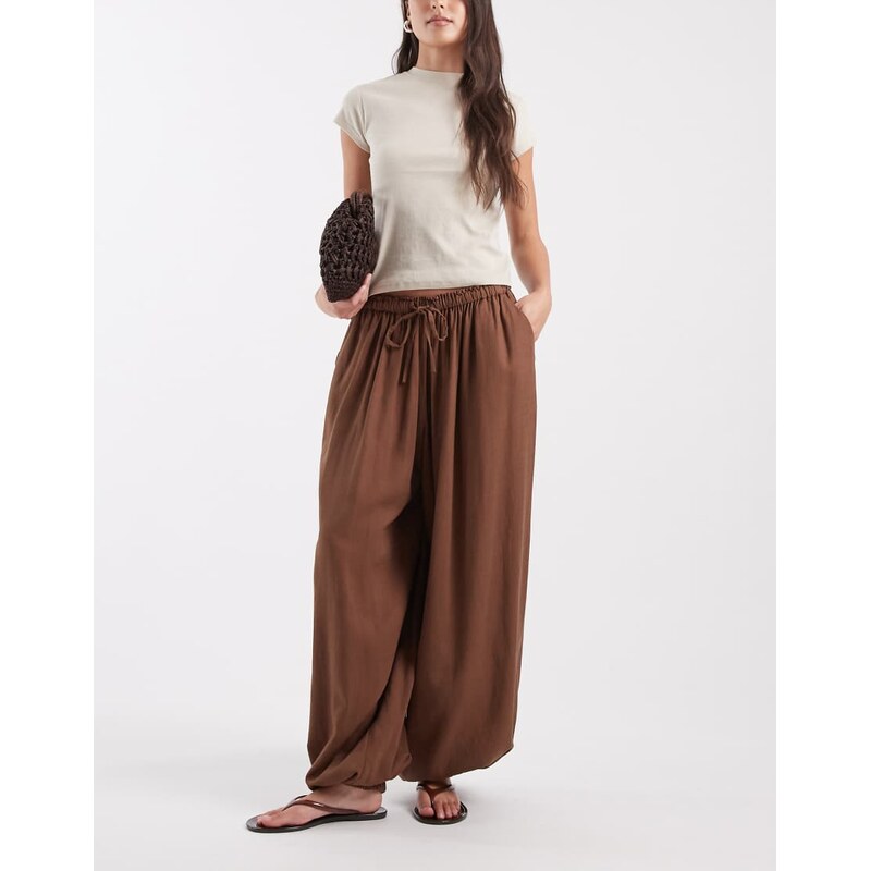 ASOS DESIGN pull on balloon trousers in linen mix in chocolate-Brown