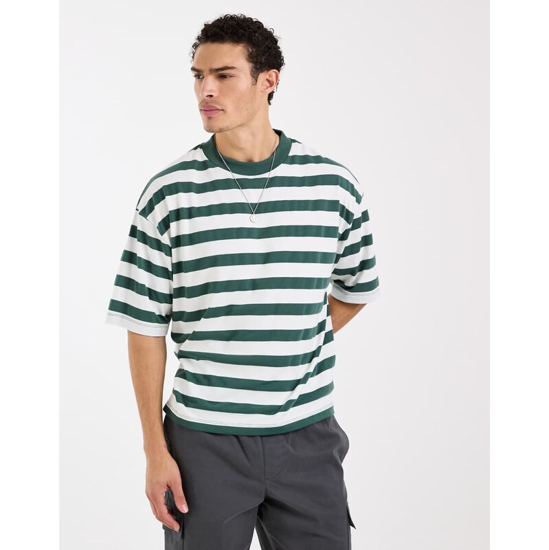 ASOS DESIGN heavyweight boxy oversized t-shirt in green stripe-Multi