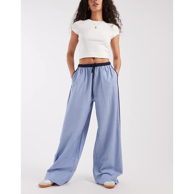 ASOS DESIGN tipped pull on trousers with tie in blue stripe