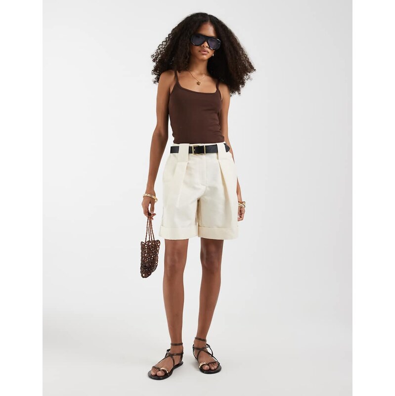 ASOS DESIGN Tailored belted turn up shorts in cream-White