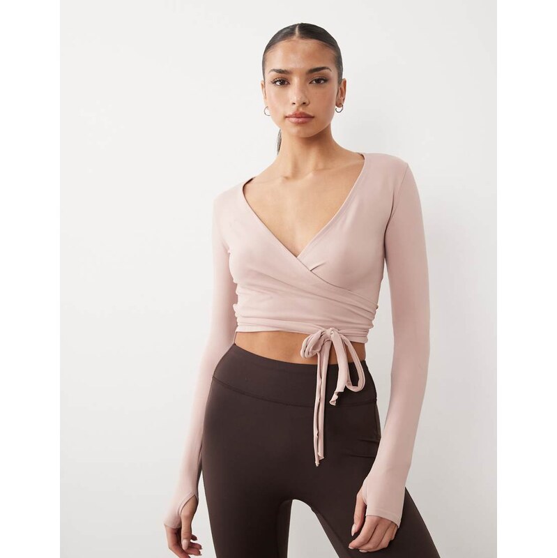 4505 plush handle ballet wrap long sleeve top in blush pink