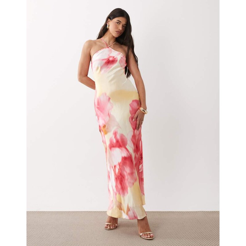 Forever New satin halter neck bias maxi dress in pink floral