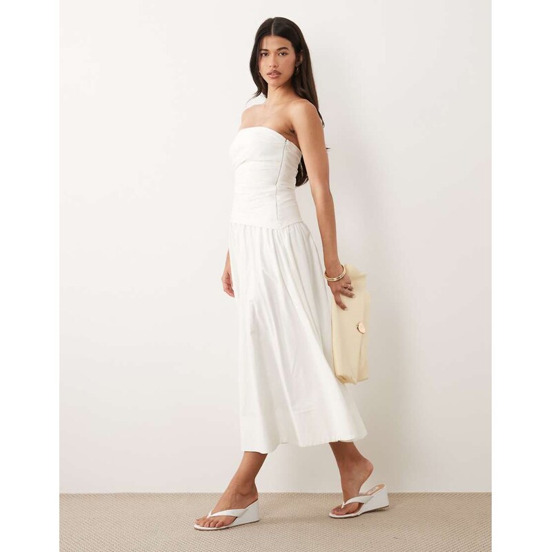 Forever New cotton asymmetric ruched bandeau midi dress in white
