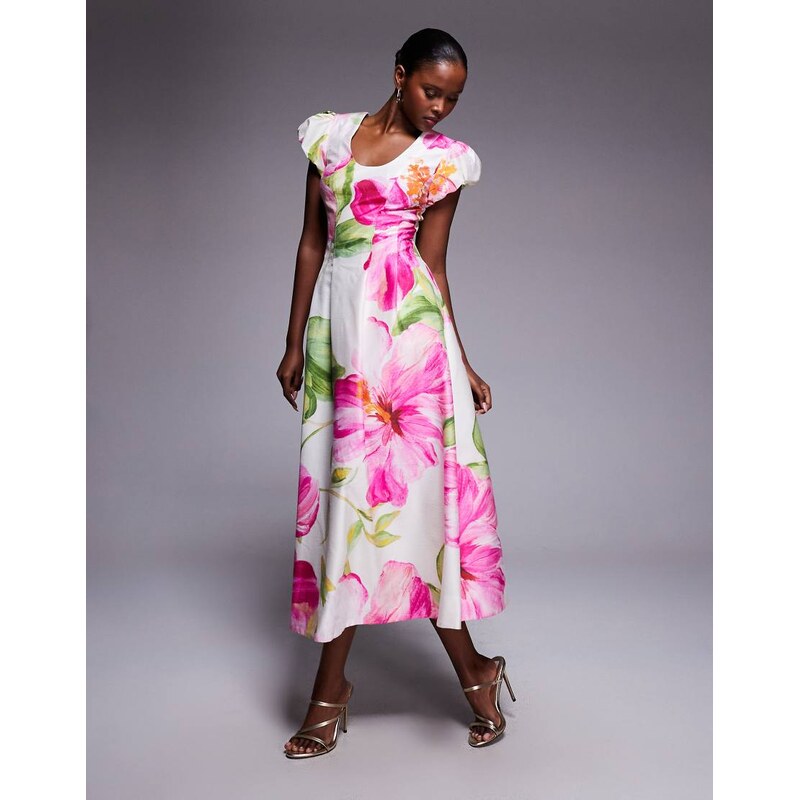 Forever New scoop neck puff sleeve panelled seam midi dress in