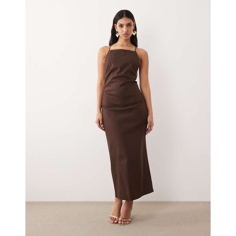 Forever New stretch linen corset back midi dress in chocolate-Brown 115129189