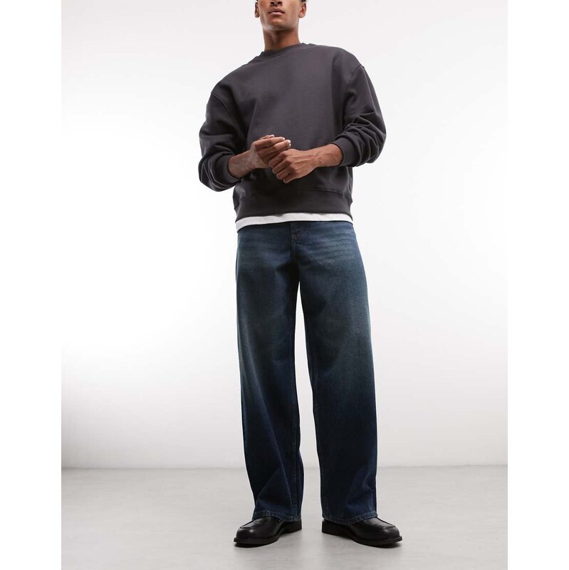 ASOS DESIGN baggy jeans in dark wash blue with vintage wash-Navy