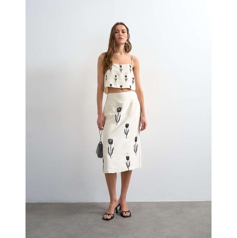 Topshop placement embroidery satin midi skirt in cream-White