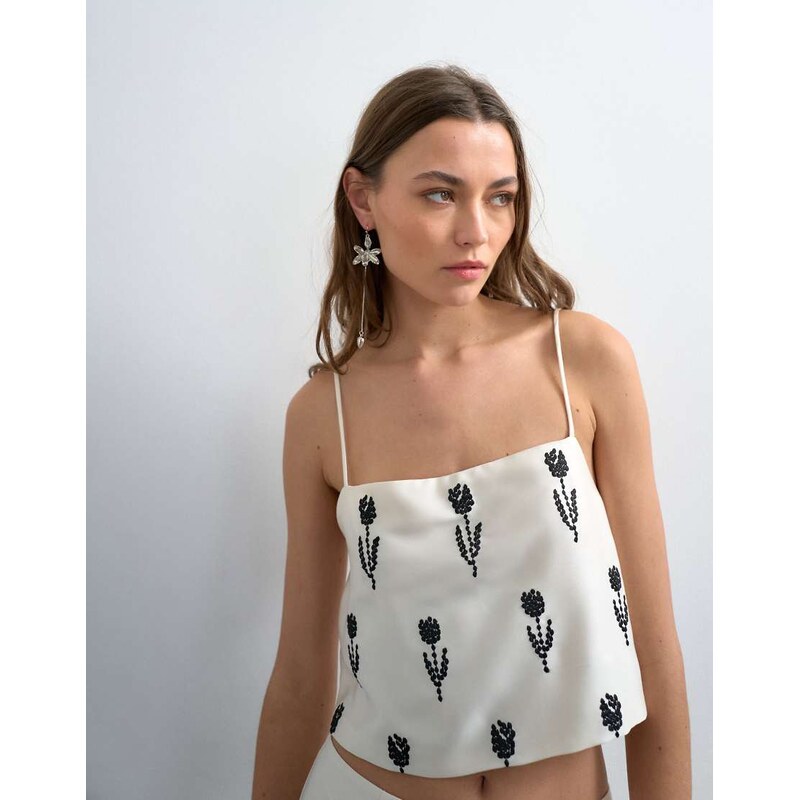 Topshop placement embroidery satin cami in cream-White