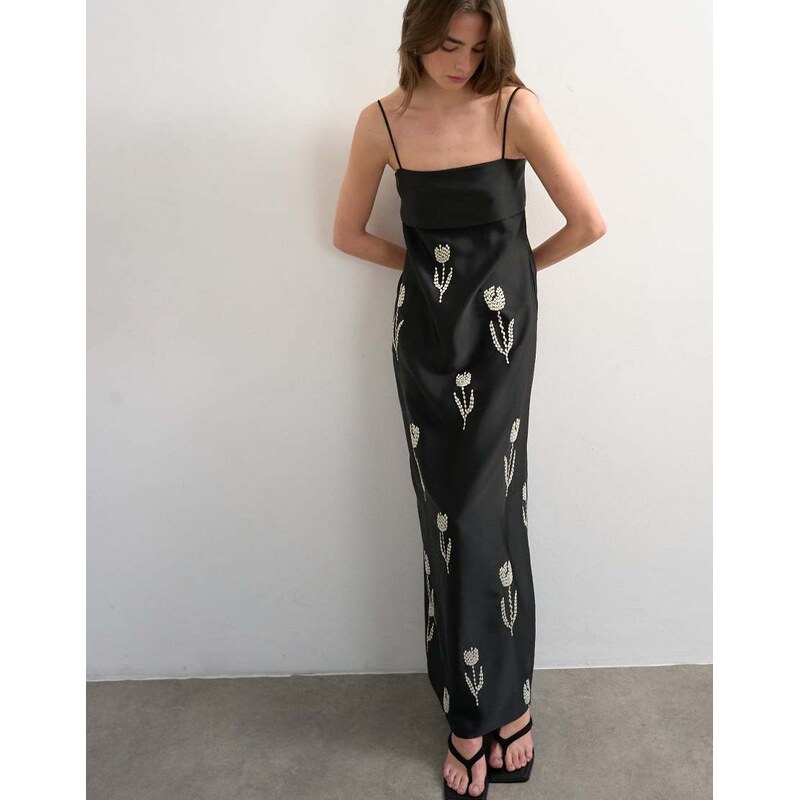 Topshop lapel bust maxi dress with embroidered flowers in black