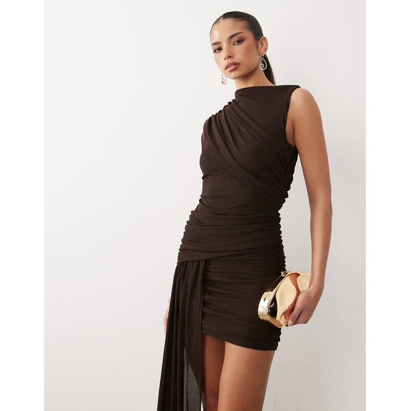 Forever New jersey draped sleeveless mini dress in brown 115129229