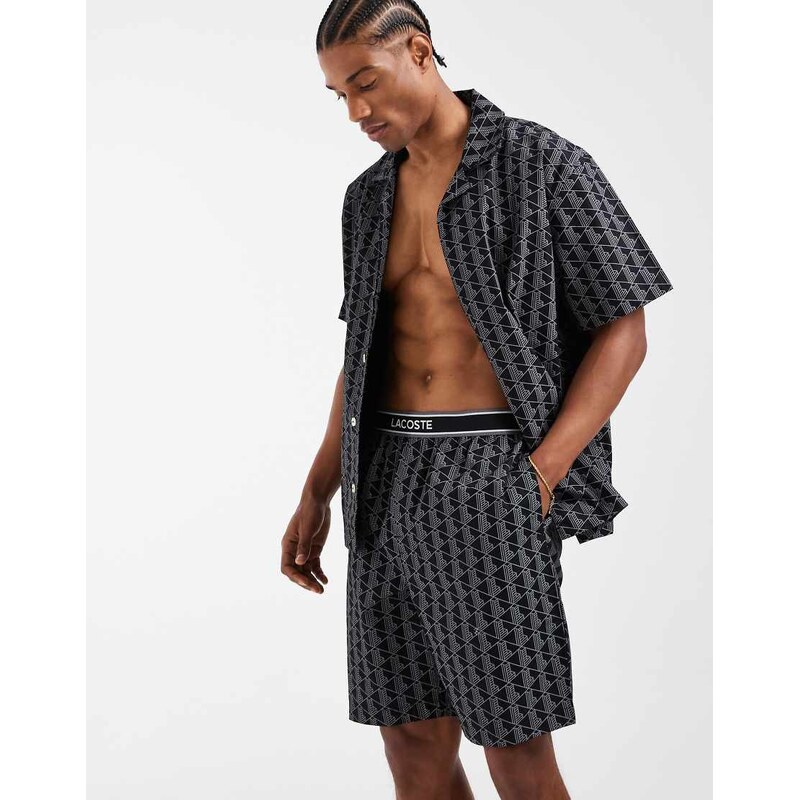 Lacoste monogram print lounge shorts with logo waistband in black