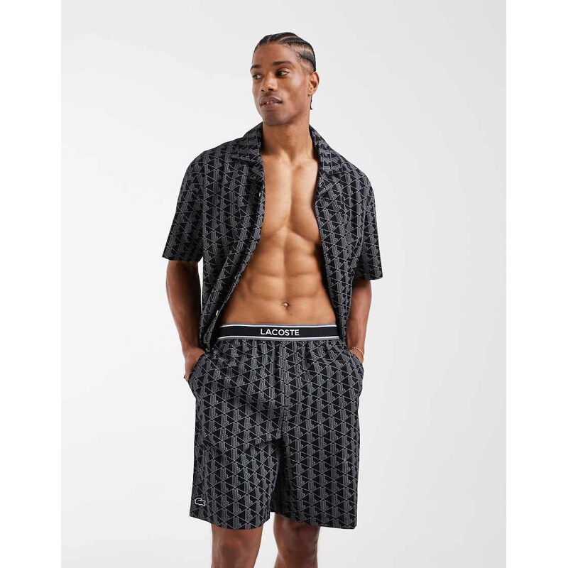 Lacoste monogram print lounge shorts with logo waistband in black