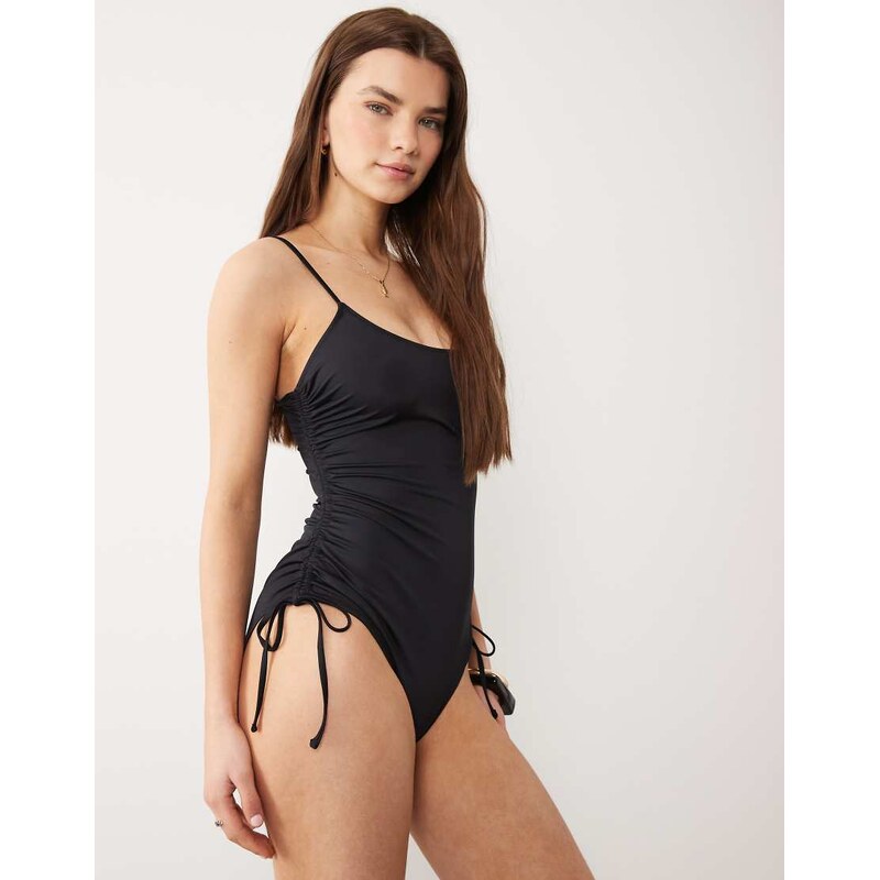 ARKET square neck side ruched swimsuit in brown-Black