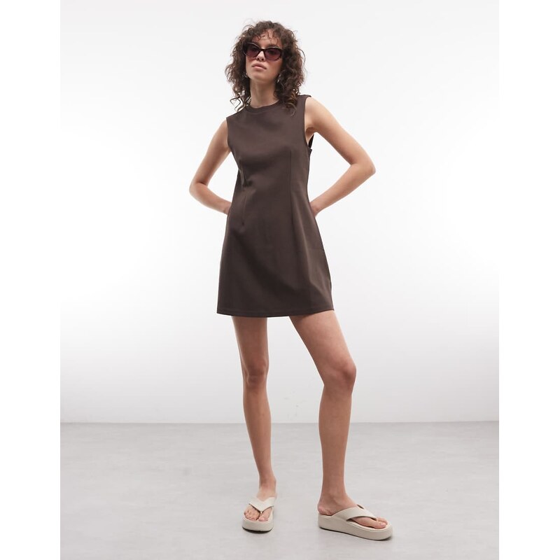 Monki cinched waist sleeveless mini dress in chocolate brown