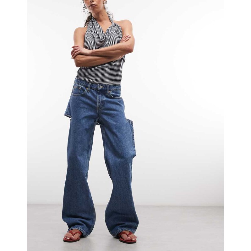 Monki Imoo cut-out back denim jeans in mid blue wash 115129318