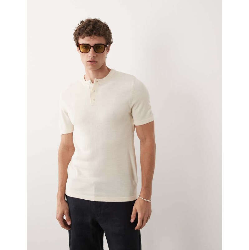 ASOS DESIGN muscle fit knitted short sleeve henley in ecru-White