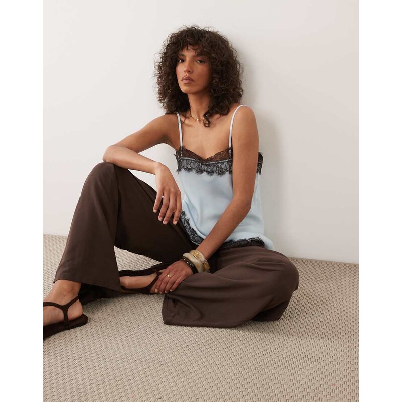 ASOS DESIGN satin lace trim longline cami top in light blue