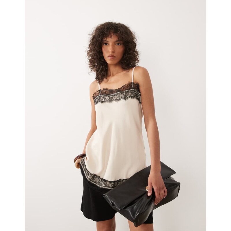 ASOS DESIGN satin lace trim longline cami top in ecru-White