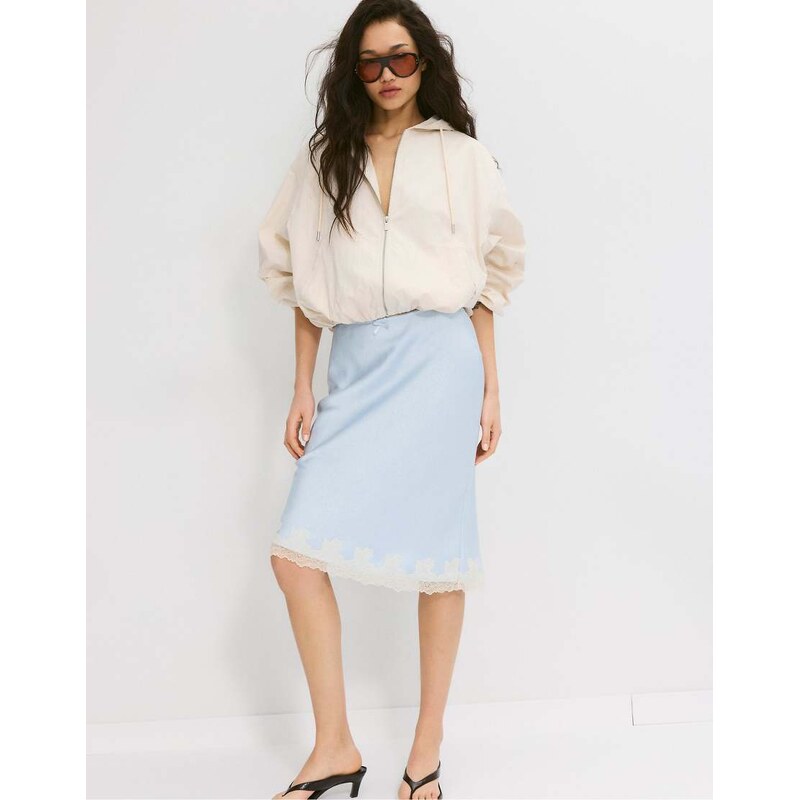 Stradivarius Satin skirt with contrast lace in sky blue 115156032