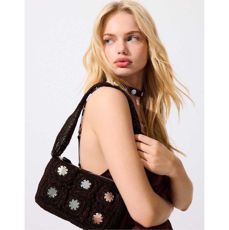 Stradivarius Crochet shoulder bag with mirrors in brown 115129370