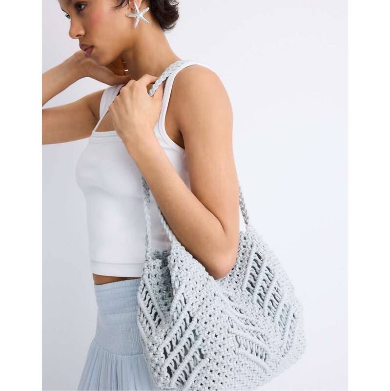 Stradivarius Metallic thread crochet shopper bag in grey 115129375