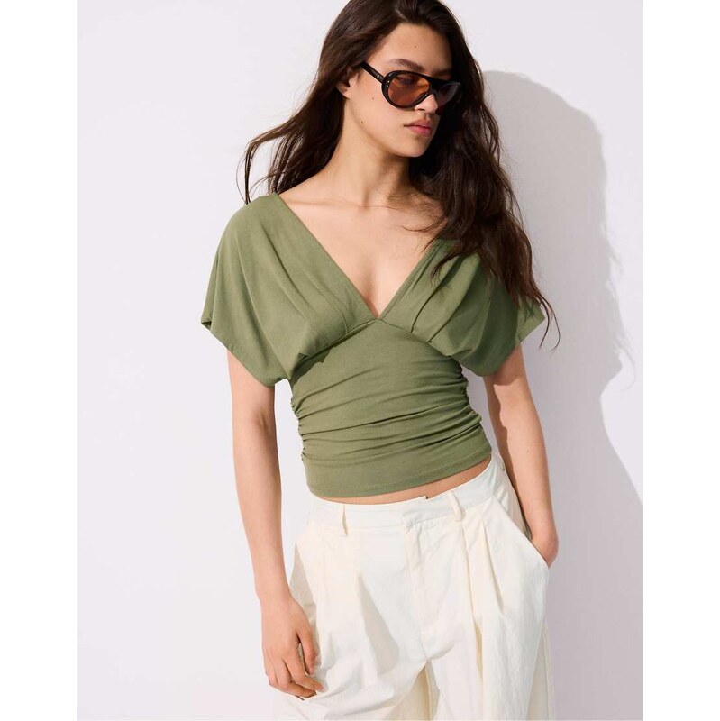 Stradivarius Top with gathered v-neckline in olive green