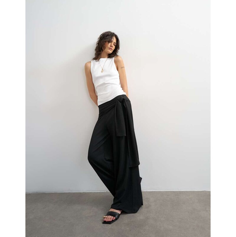 Topshop plisse wrap scarf detail trousers in black