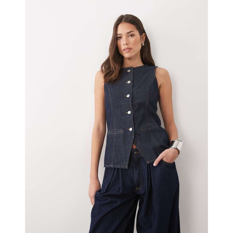 Threadbare crew neck denim waistcoat in indigo blue-Navy 115515759