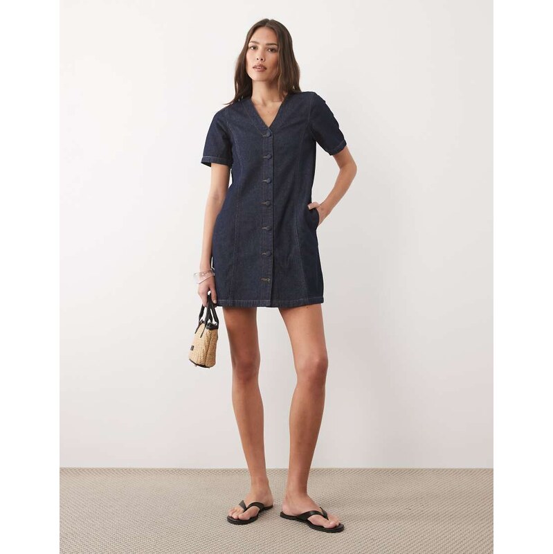 Threadbare denim short leeve button through mini dress in indigo blue 115131948