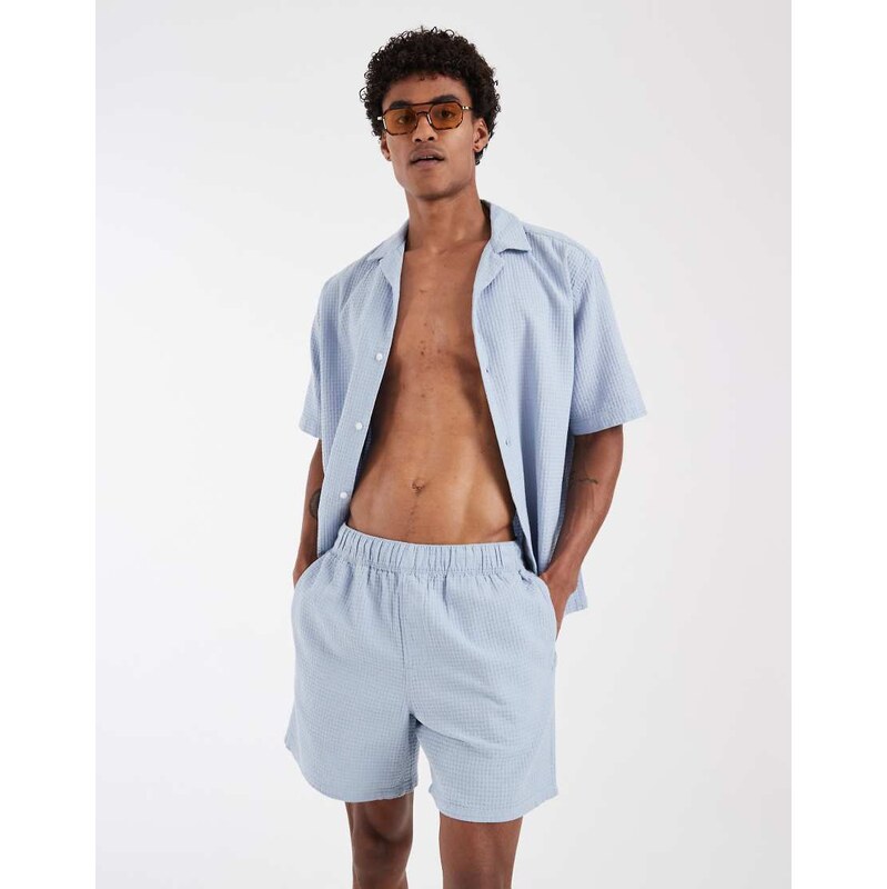 ASOS DESIGN co-ord waffle textured mid length shorts in blue