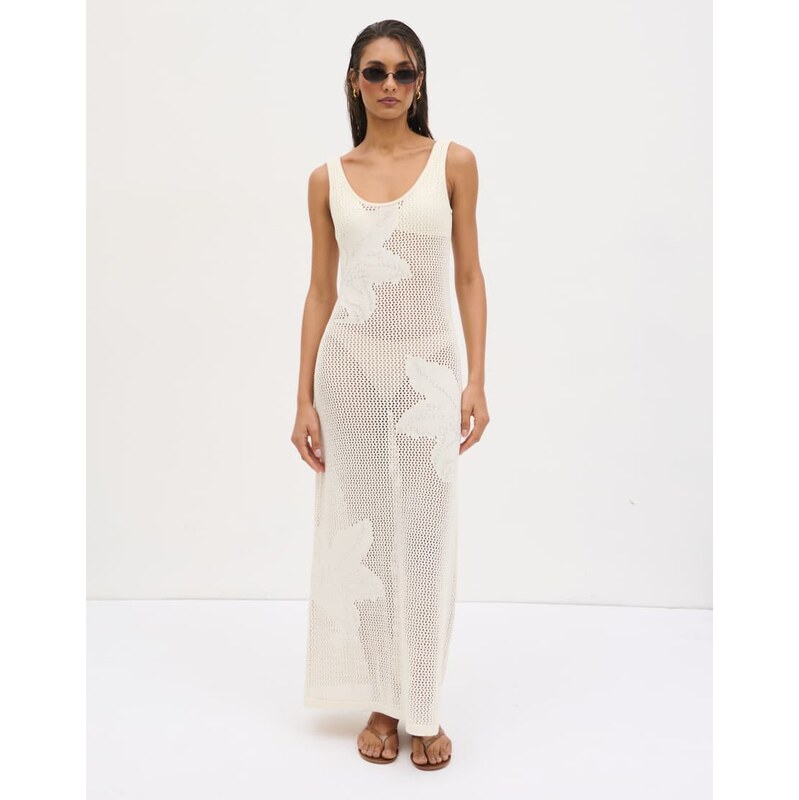 Pretty Lavish floral open knit scoop maxi dress in cream-White 115132035