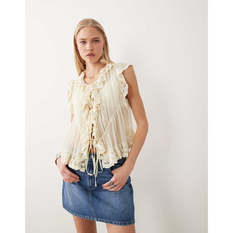 Miss Selfridge chiffon tie front lace trim blouse in ecru-White 115132044