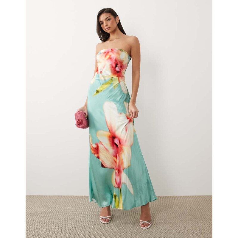 Forever New satin bandeau maxi dress in turquoise oversized floral 115149355
