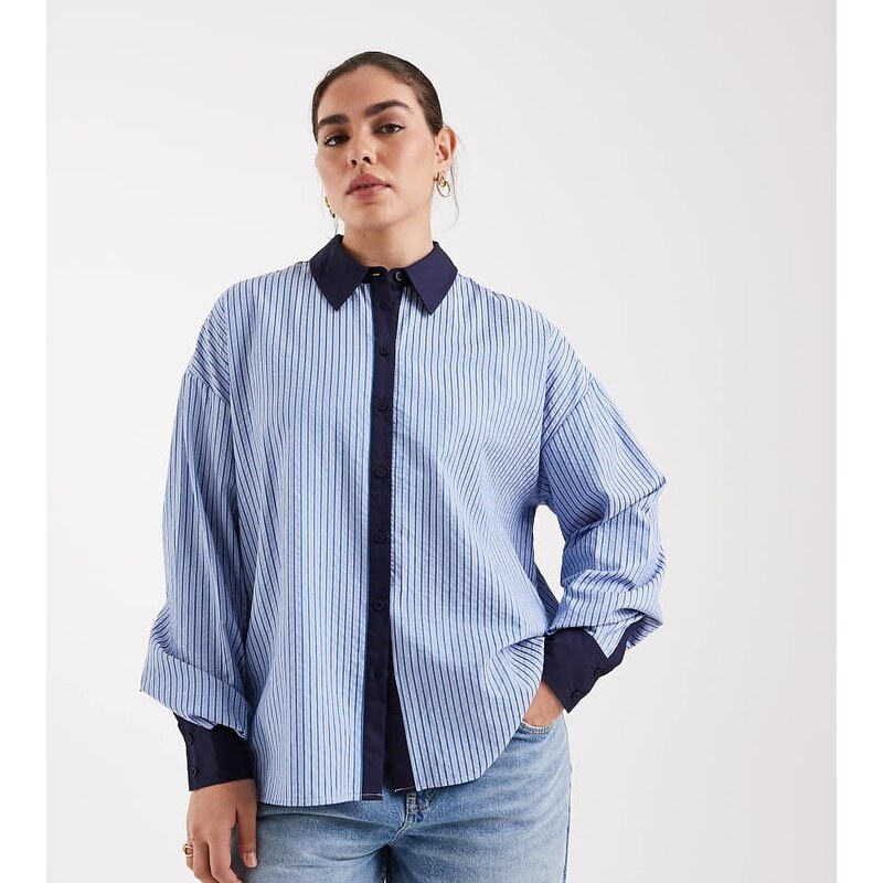 ASOS Curve ASOS DESIGN Curve tipped contrast shirt co-ord in blue 115521575