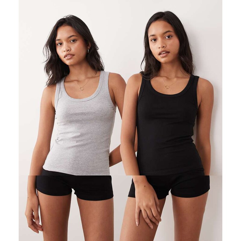 ASOS DESIGN mix & match 2 pack pyjama scoop neck vest in black &