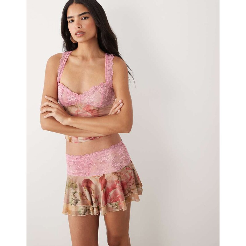 Tiger Mist Dune contrast lace ruffle mini skirt co-ord in baby pink 115132116