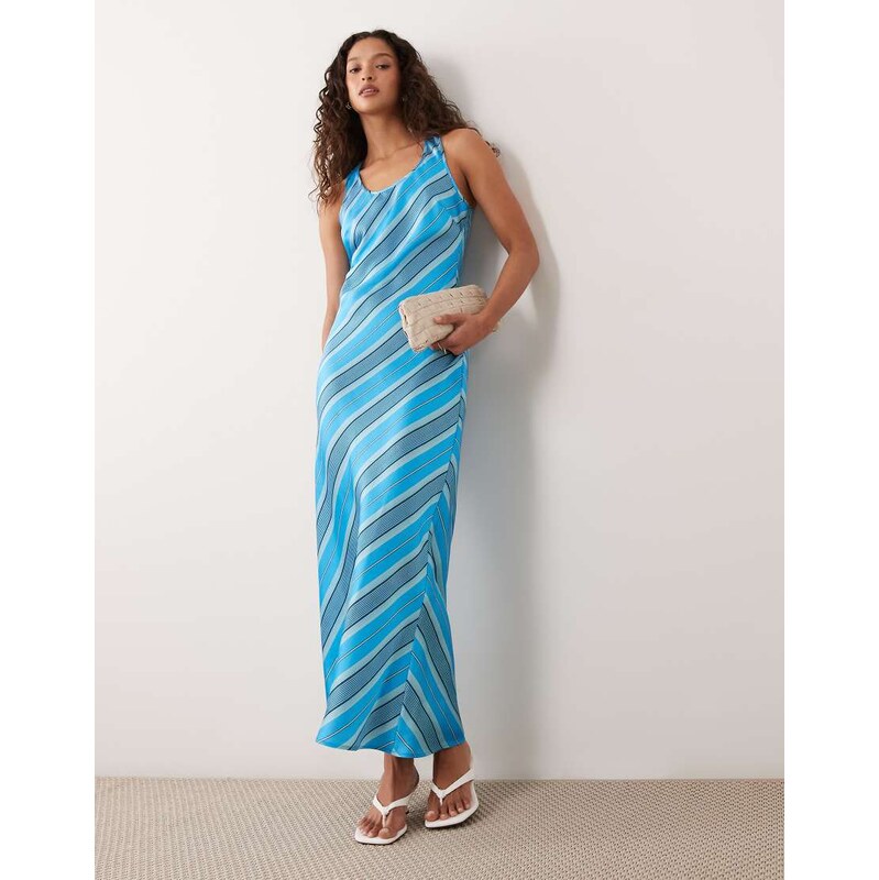 ASOS DESIGN scoop satin maxi dress in blue stripe-Multi