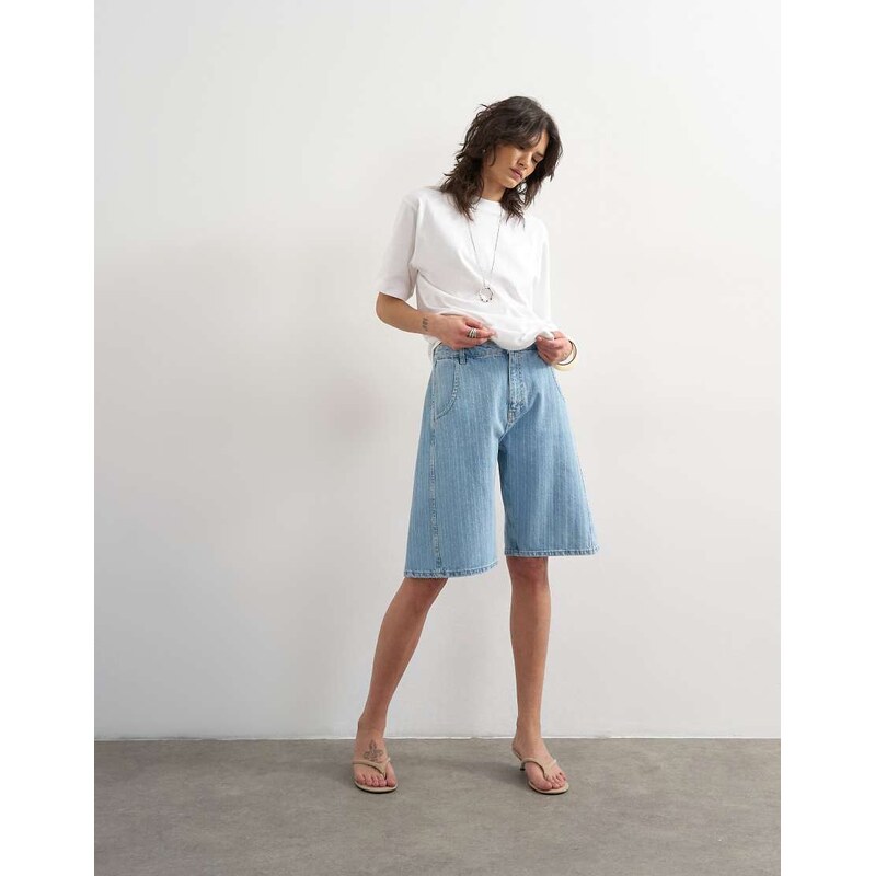 Topshop denim barrel jort in bleach stripe-Blue
