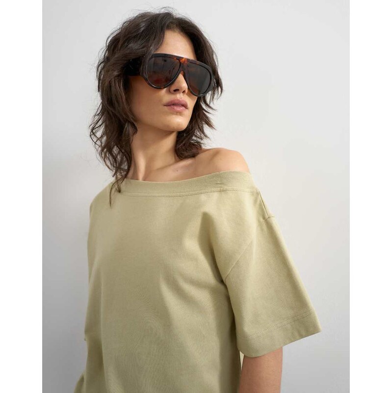 Topshop fallen shoulder t-shirt in khaki-No colour