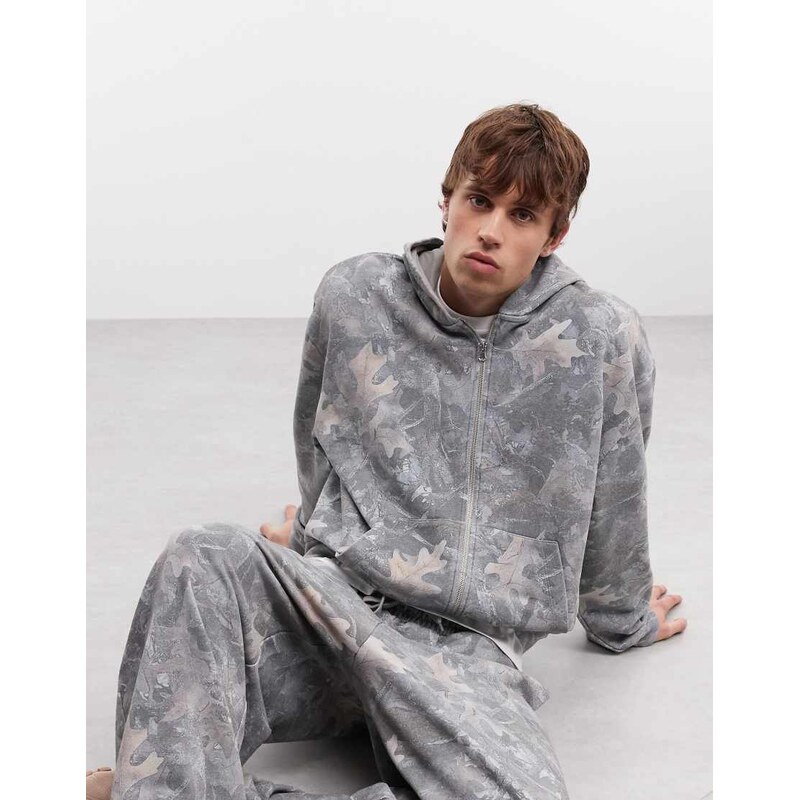 ASOS DESIGN co-ord oversized boxy washed camo zip through hoodie-Green