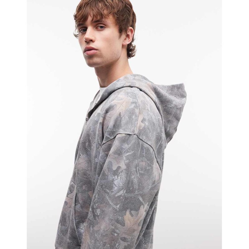 ASOS DESIGN co-ord oversized boxy washed camo zip through hoodie-Green