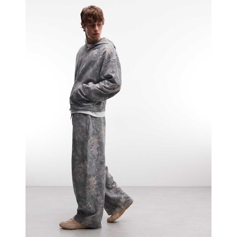 ASOS DESIGN oversized balloon jogger co-ord with wash camo in brown-Multi