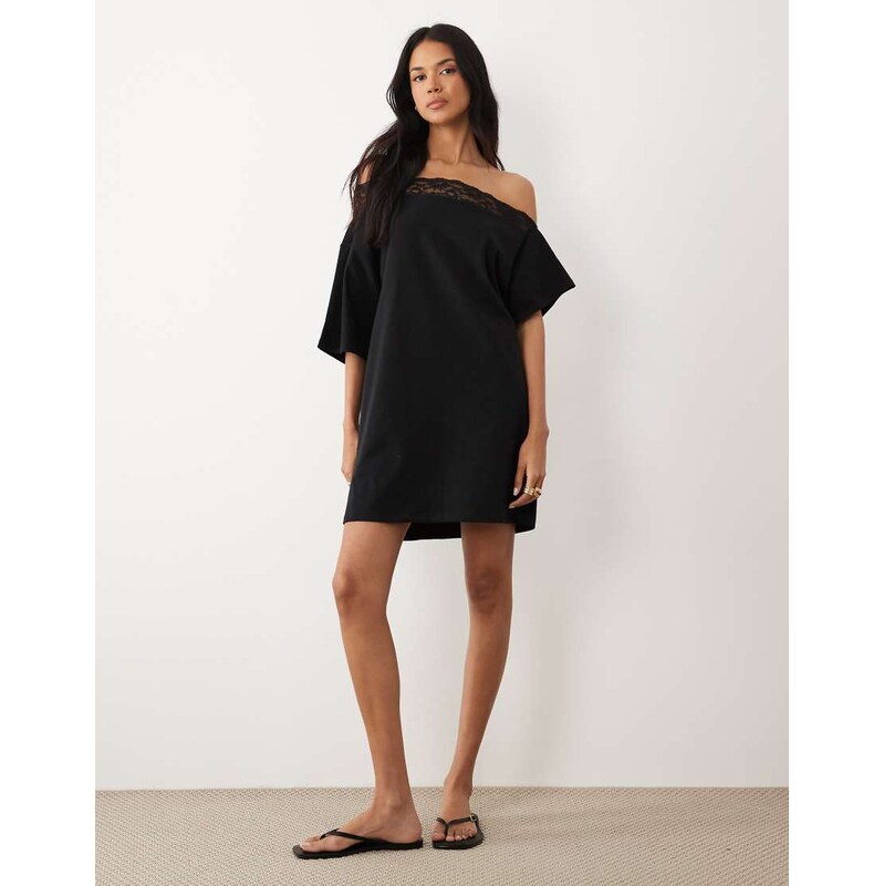 ASOS DESIGN lace trim off shoulder mini dress in black