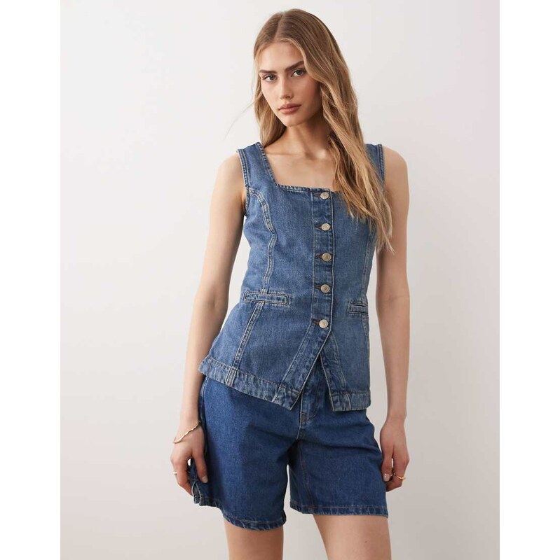 Nobodys Child Ezra denin square neck waistcoat in mid wash blue